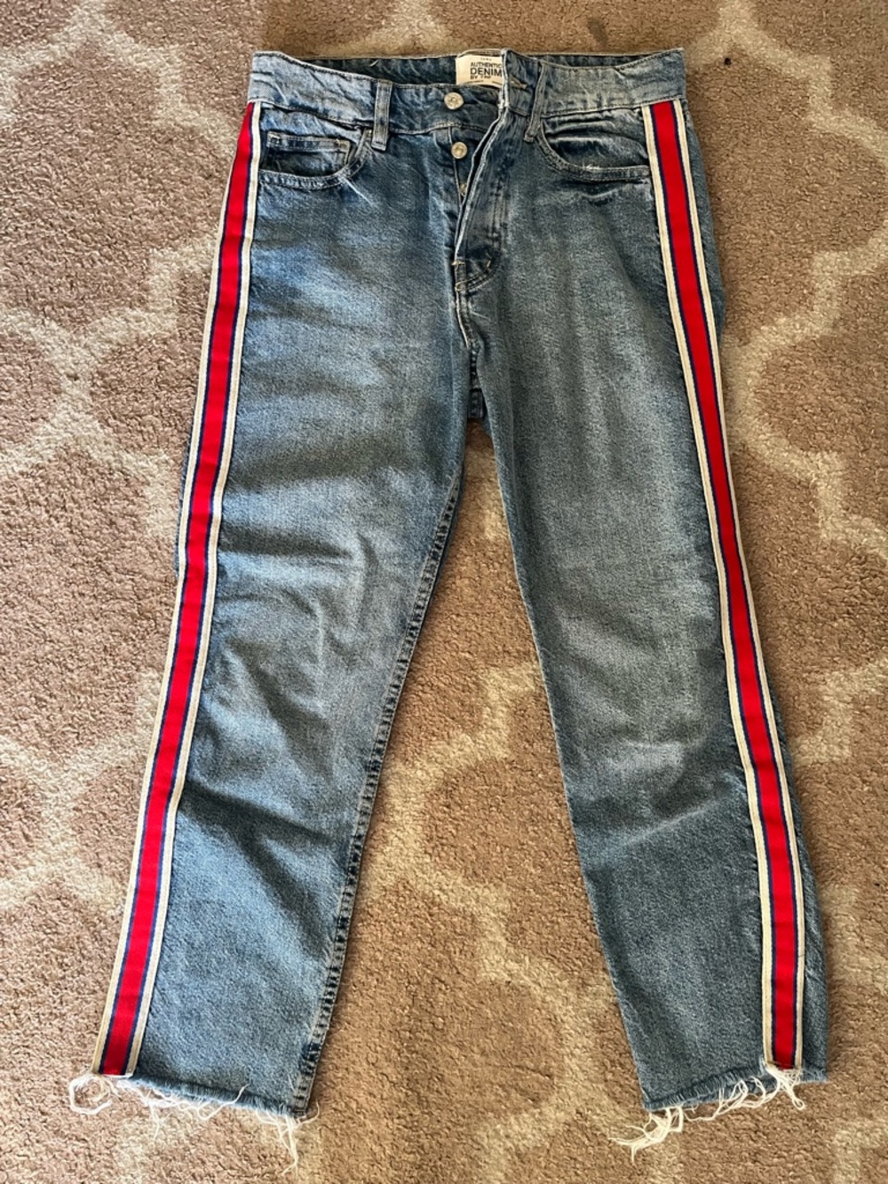 Zara Blue Denim Ankle Jeans with Red Side Stripes